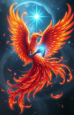 A majestic phoenix and a glowing soul intertwined in an ethereal embrace, showcasing vibrant flames of orange, red, and gold contrasting against the soft blue glow of the soul, with a mystical background of stars and galaxies swirling around them