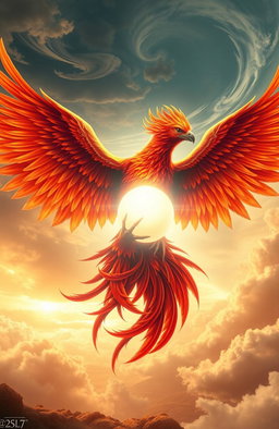 A majestic phoenix with vibrant red and orange feathers intricately wrapped around a glowing, ethereal soul
