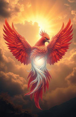A majestic phoenix with vibrant red and orange feathers intricately wrapped around a glowing, ethereal soul