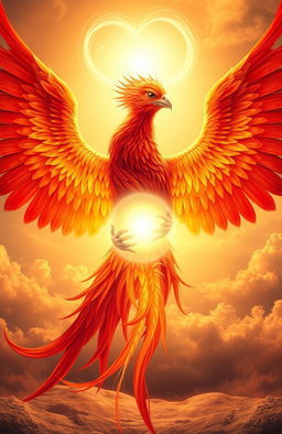 A majestic phoenix with vibrant red and orange feathers intricately wrapped around a glowing, ethereal soul