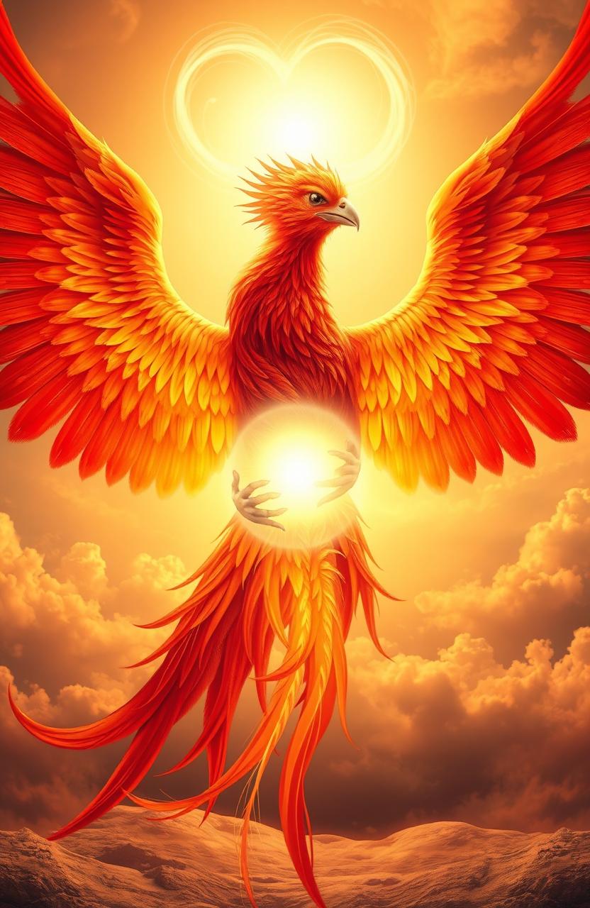 A majestic phoenix with vibrant red and orange feathers intricately wrapped around a glowing, ethereal soul