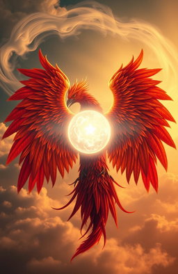 A majestic phoenix with vibrant red and orange feathers intricately wrapped around a glowing, ethereal soul