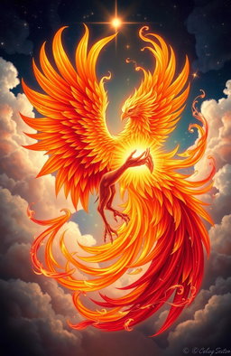 A majestic phoenix and a glowing soul entwined together in a beautiful, ethereal embrace, surrounded by swirling flames and radiant light