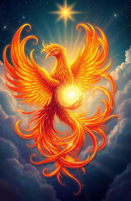 A majestic phoenix and a glowing soul entwined together in a beautiful, ethereal embrace, surrounded by swirling flames and radiant light