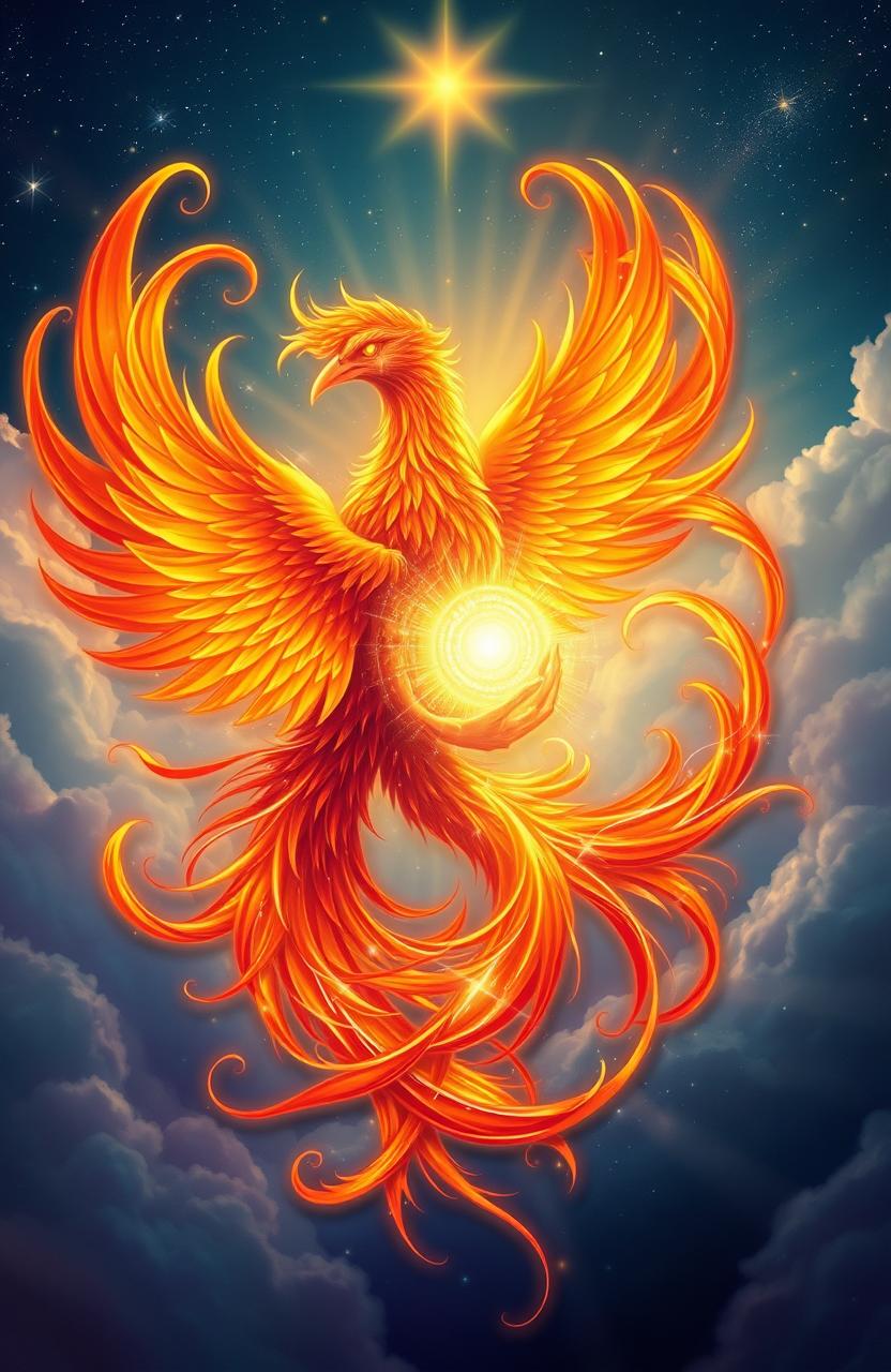 A majestic phoenix and a glowing soul entwined together in a beautiful, ethereal embrace, surrounded by swirling flames and radiant light