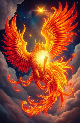 A majestic phoenix and a glowing soul entwined together in a beautiful, ethereal embrace, surrounded by swirling flames and radiant light