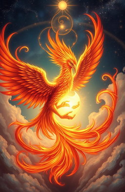 A majestic phoenix and a glowing soul entwined together in a beautiful, ethereal embrace, surrounded by swirling flames and radiant light