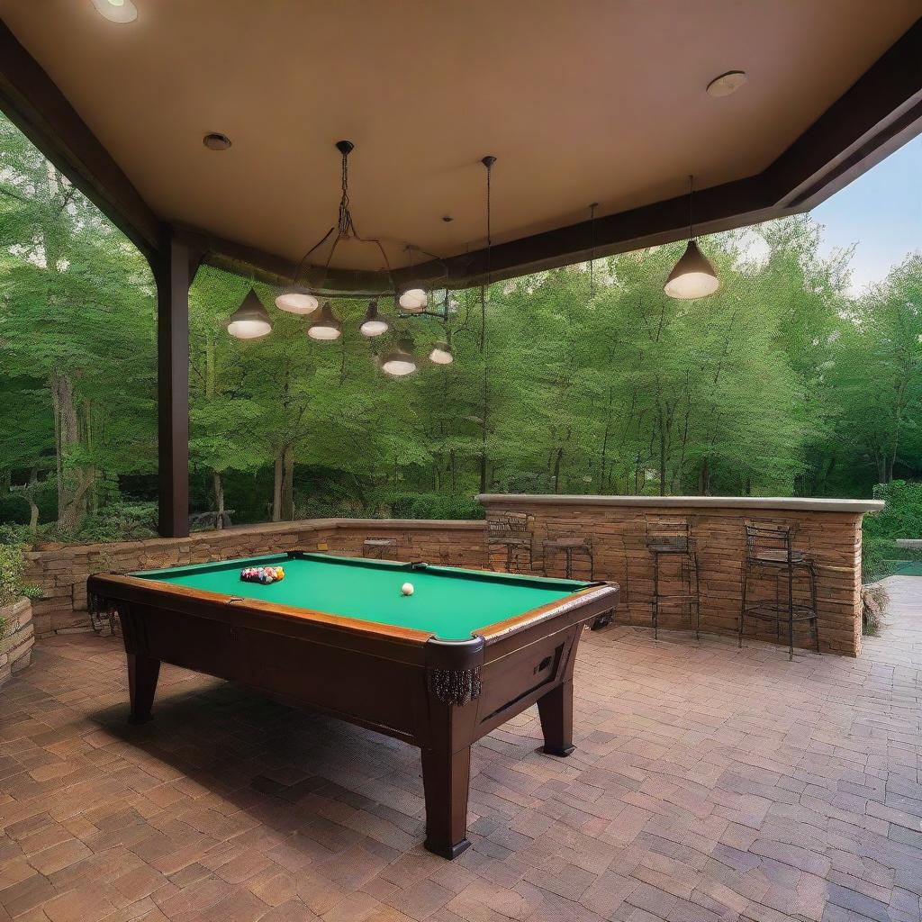 An outdoor billiard bar area, complete with pool tables, barstools, ambient lighting, and surrounded by trees and shrubs.