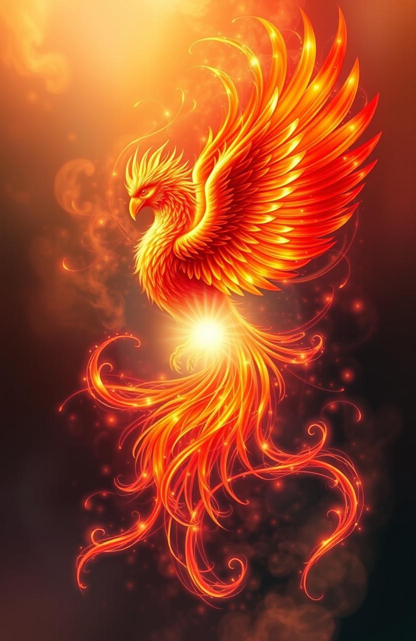A stunning depiction of a majestic phoenix, wrapped in ethereal wisps of flame, intertwining with a radiant, glowing soul