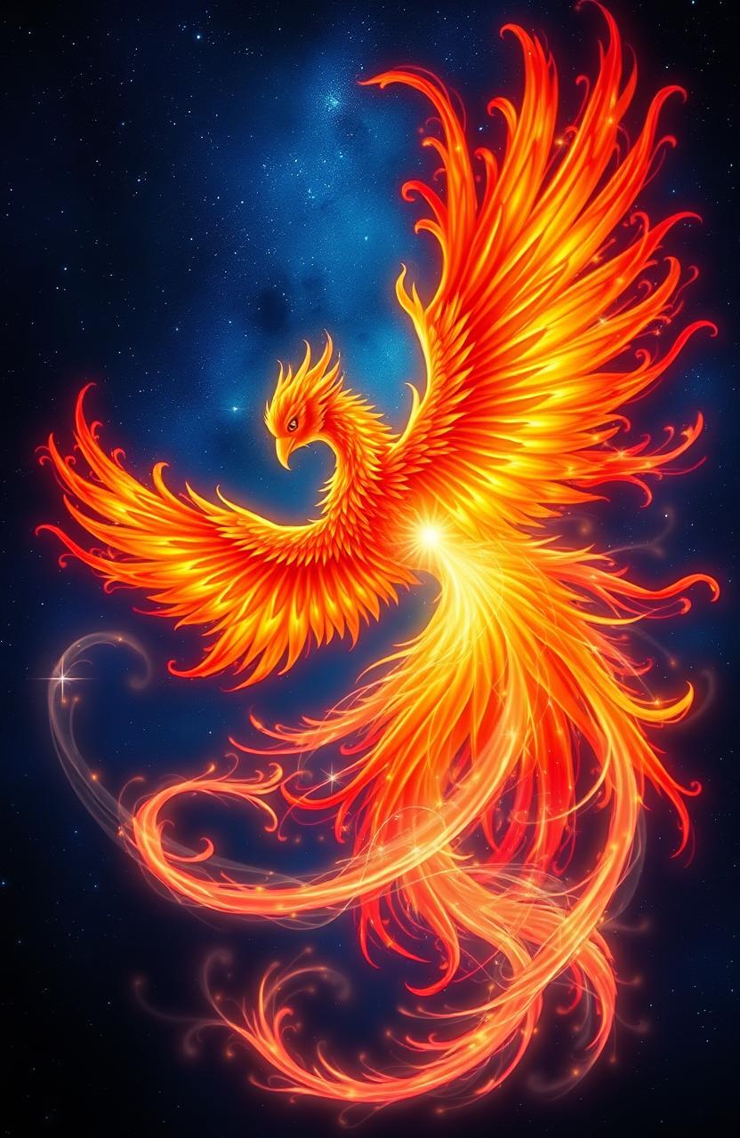 A fiery phoenix entwined with a glowing, ethereal soul, both bursting with vibrant colors of red, orange, and gold emanating warmth and energy