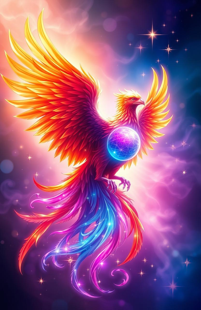 A vibrant and mystical depiction of a phoenix and a soulful essence intertwined together, glowing with radiant colors
