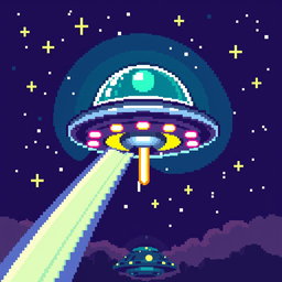 A detailed pixel art depiction of a UFO in a 32x32 pixel canvas, showcasing vibrant and colorful lights emanating from the UFO