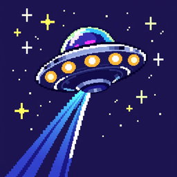 A detailed pixel art depiction of a UFO in a 32x32 pixel canvas, showcasing vibrant and colorful lights emanating from the UFO