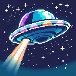 A detailed pixel art depiction of a UFO in a 32x32 pixel canvas, showcasing vibrant and colorful lights emanating from the UFO