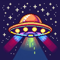 A detailed pixel art depiction of a UFO in a 32x32 pixel canvas, showcasing vibrant and colorful lights emanating from the UFO