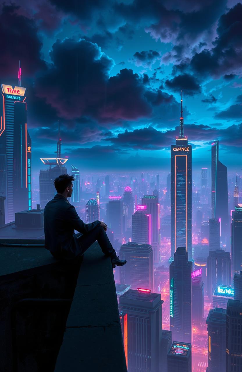 A lone man sitting on the edge of a rooftop in a sprawling cyberpunk cityscape, gazing out over neon-lit skyscrapers and futuristic architecture