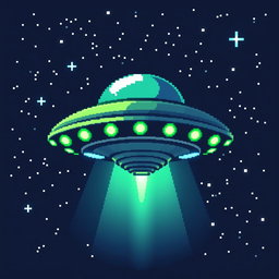 A pixel art depiction of a UFO design, featuring a rounded flying saucer shape with glowing lights, hovering against a night sky filled with stars