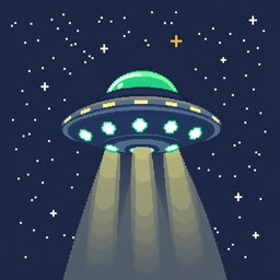 A pixel art depiction of a UFO design, featuring a rounded flying saucer shape with glowing lights, hovering against a night sky filled with stars