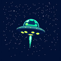 A pixel art depiction of a UFO design, featuring a rounded flying saucer shape with glowing lights, hovering against a night sky filled with stars