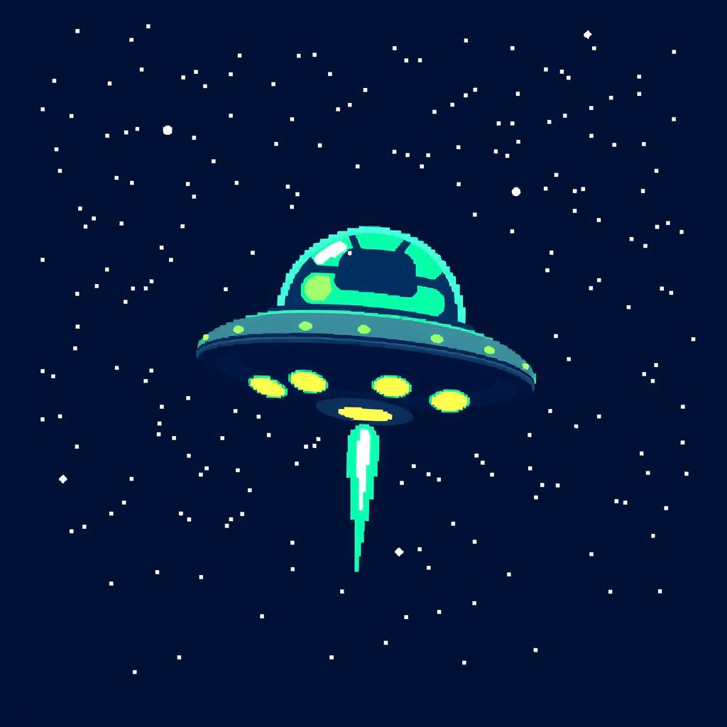 A pixel art depiction of a UFO design, featuring a rounded flying saucer shape with glowing lights, hovering against a night sky filled with stars