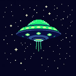 A pixel art depiction of a UFO design, featuring a rounded flying saucer shape with glowing lights, hovering against a night sky filled with stars