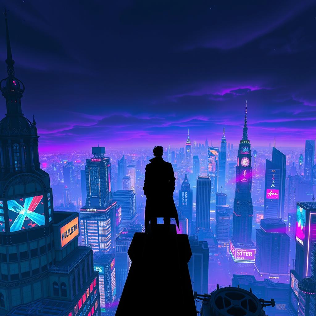 A solitary man perched on the edge of a rooftop in a vast cyberpunk city, gazing out over a skyline filled with neon-lit buildings and futuristic designs