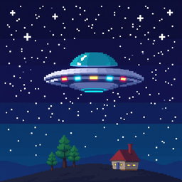 A 32x32 pixel art representation of a UFO, featuring a classic saucer shape hovering above a small landscape