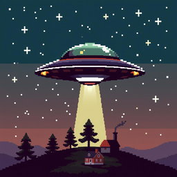 A 32x32 pixel art representation of a UFO, featuring a classic saucer shape hovering above a small landscape