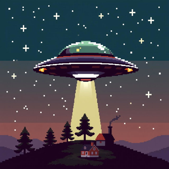 A 32x32 pixel art representation of a UFO, featuring a classic saucer shape hovering above a small landscape