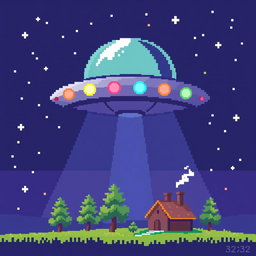 A 32x32 pixel art representation of a UFO, featuring a classic saucer shape hovering above a small landscape