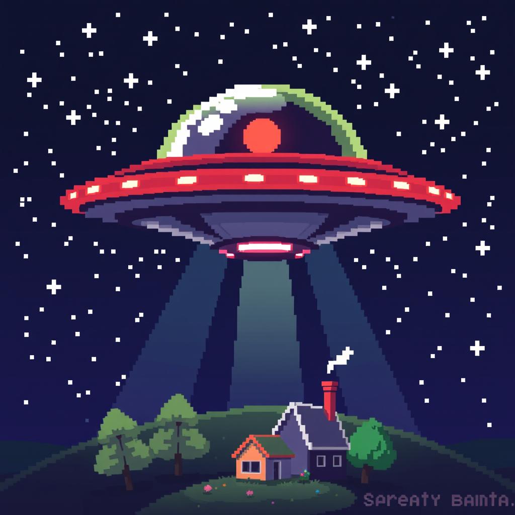 A 32x32 pixel art representation of a UFO, featuring a classic saucer shape hovering above a small landscape