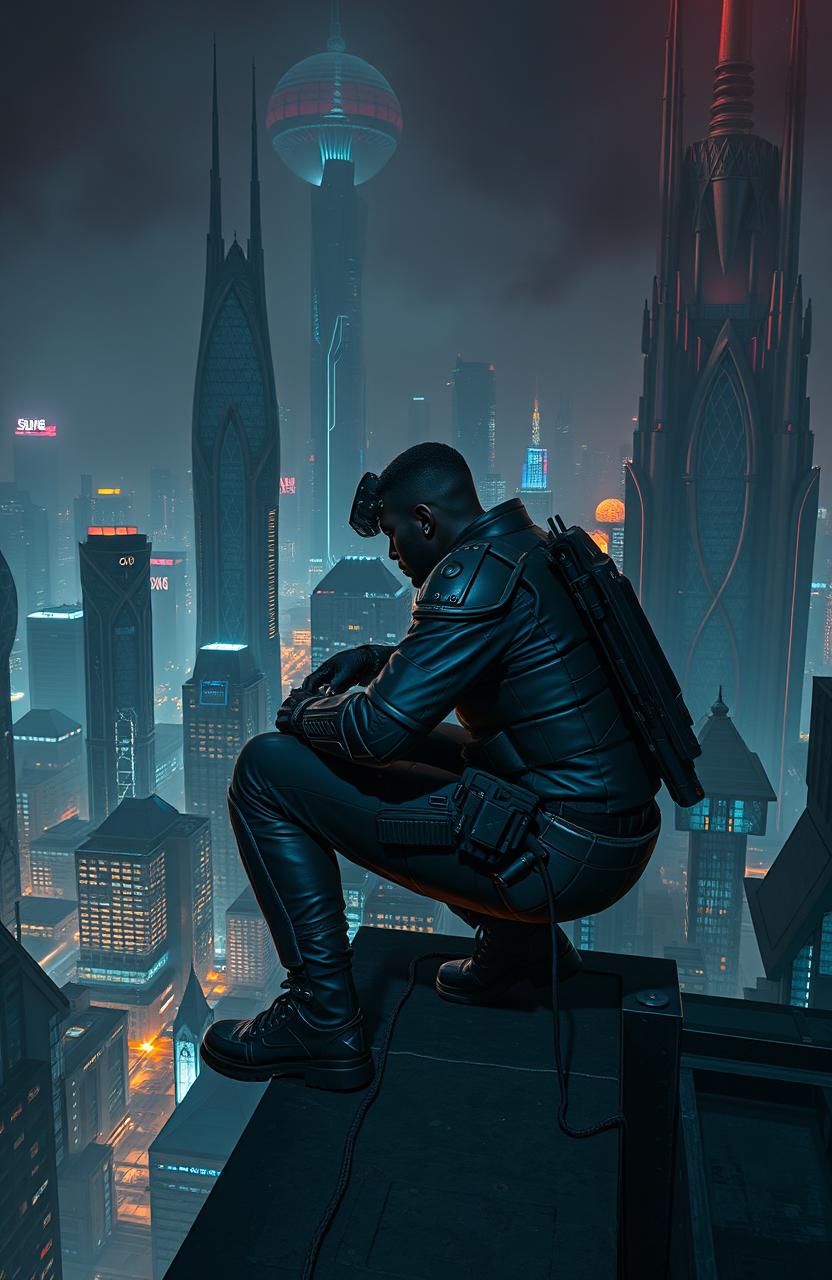 A black man in a sleek combat uniform is squatting on the rooftop of a high-tech, cyberpunk city at night, gazing out over the sprawling metropolis filled with neon lights and towering, gothic architecture
