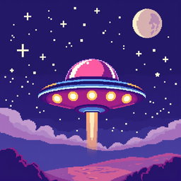 A retro-style pixel art representation of a UFO
