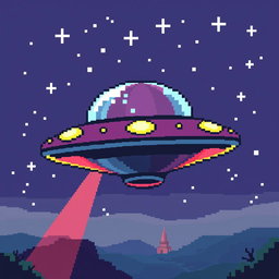 A retro-style pixel art representation of a UFO
