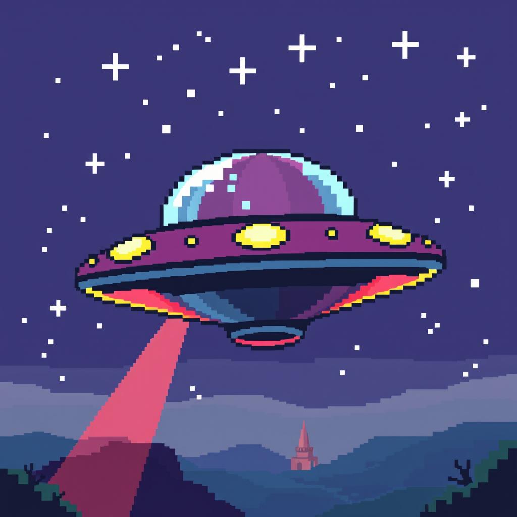 A retro-style pixel art representation of a UFO