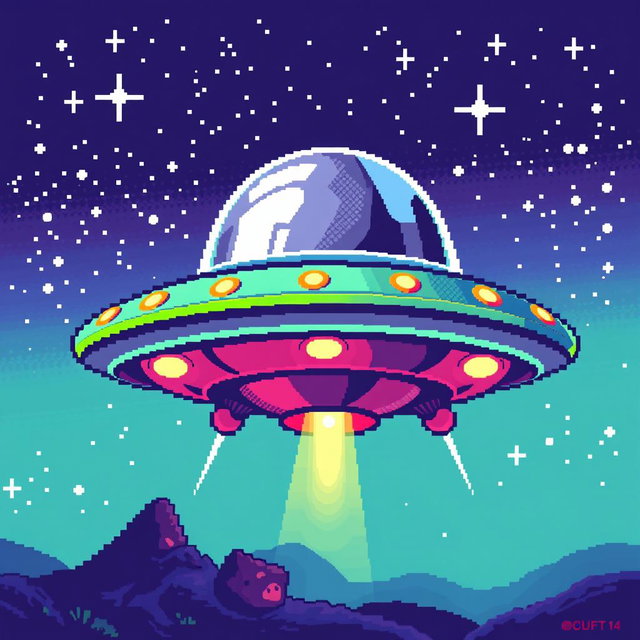 A retro-style pixel art representation of a UFO