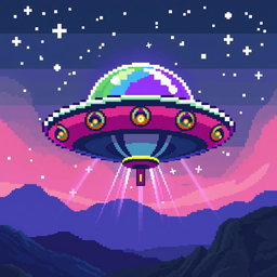 A retro-style pixel art representation of a UFO