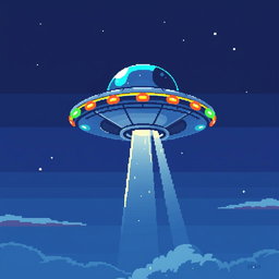 A detailed pixel art representation of a UFO, featuring a characterized flying saucer design hovering against a clear night sky