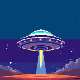 A detailed pixel art representation of a UFO, featuring a characterized flying saucer design hovering against a clear night sky