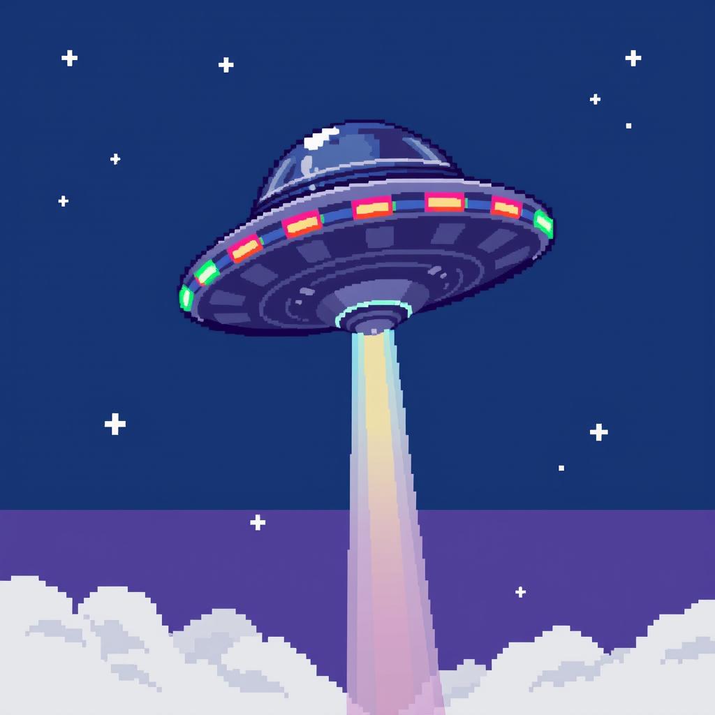 A detailed pixel art representation of a UFO, featuring a characterized flying saucer design hovering against a clear night sky