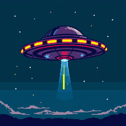 A detailed pixel art representation of a UFO, featuring a characterized flying saucer design hovering against a clear night sky