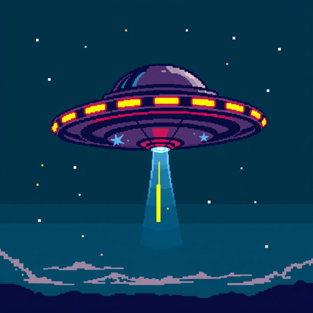 A detailed pixel art representation of a UFO, featuring a characterized flying saucer design hovering against a clear night sky