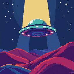 A pixel art depiction of a UFO viewed from above, showcasing vibrant colors and a detailed 32x32 pixel grid