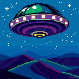 A pixel art depiction of a UFO viewed from above, showcasing vibrant colors and a detailed 32x32 pixel grid