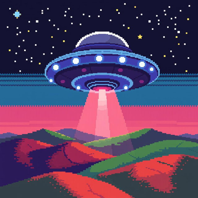 A pixel art depiction of a UFO viewed from above, showcasing vibrant colors and a detailed 32x32 pixel grid