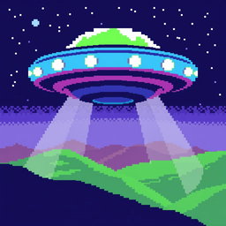 A pixel art depiction of a UFO viewed from above, showcasing vibrant colors and a detailed 32x32 pixel grid