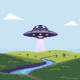 A 32x32 pixel art representation of a UFO hovering above a serene landscape during the day