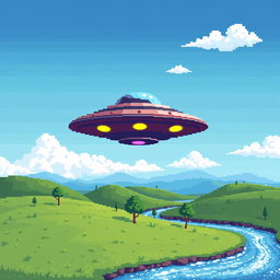 A 32x32 pixel art representation of a UFO hovering above a serene landscape during the day