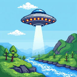 A 32x32 pixel art representation of a UFO hovering above a serene landscape during the day