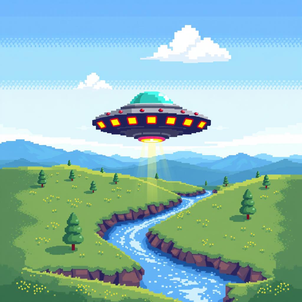 A 32x32 pixel art representation of a UFO hovering above a serene landscape during the day